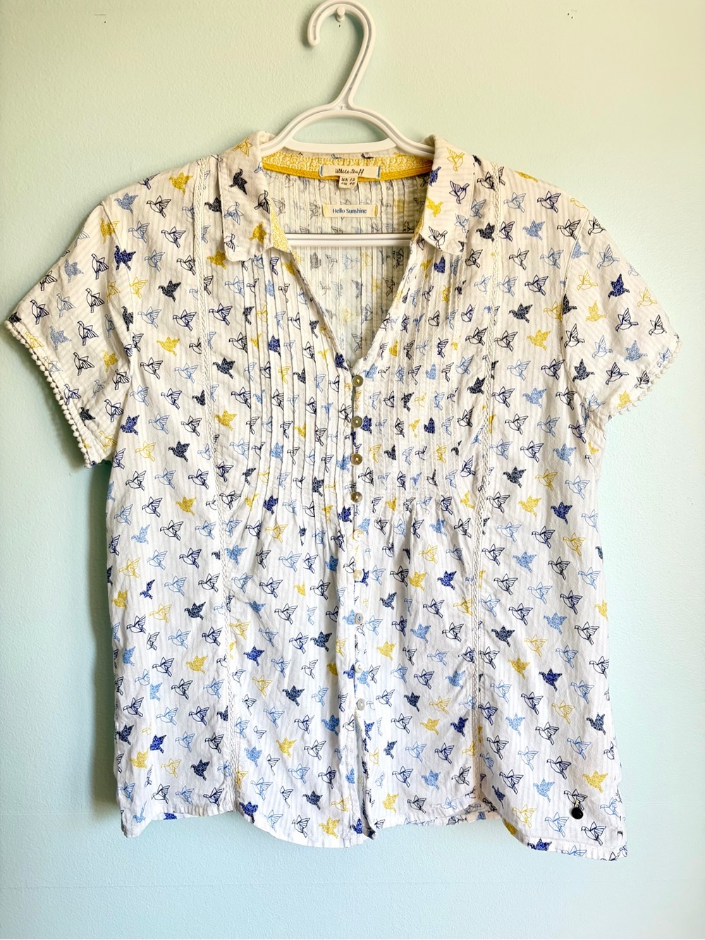 White Stuff 100% Cotton Short Sleeve Blouse - Bird Print - Size UK 12 / Medium